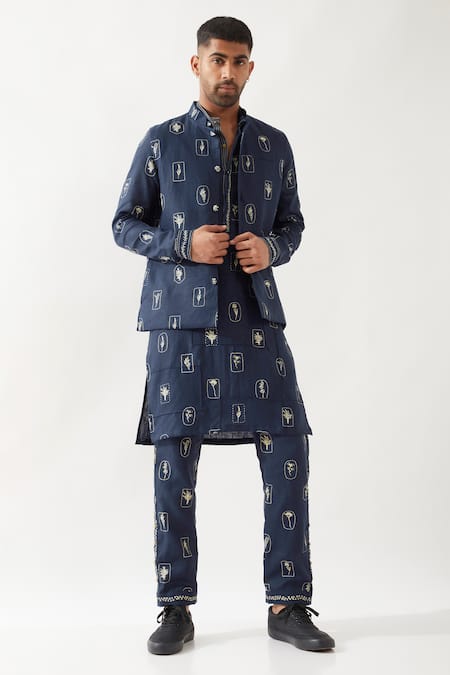 Son Of A Noble Snob_Navy Linen Madox Stamp Bundi Set _at_Aza_Fashions