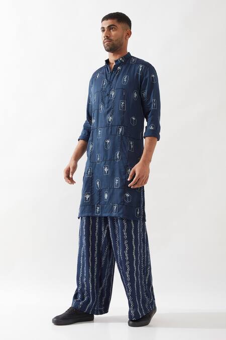 Son Of A Noble Snob Navy Tencel, Satin Embroidery Zeph Stamp Kurta Set Online at Aza Fashions Son Of A Noble Snob_Navy Tencel, Satin Embroidery Zeph Stamp Kurta Set _Online_at_Aza_Fashions