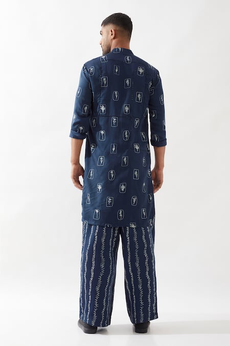 Shop Son Of A Noble Snob Navy Tencel, Satin Embroidery Zeph Stamp Kurta Set at Aza Fashions Shop_Son Of A Noble Snob_Navy Tencel, Satin Embroidery Zeph Stamp Kurta Set _at_Aza_Fashions