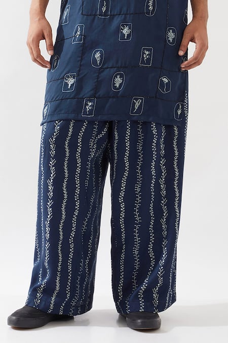 Shop Son Of A Noble Snob Navy Tencel, Satin Embroidery Zeph Stamp Kurta Set Online at Aza Fashions Shop_Son Of A Noble Snob_Navy Tencel, Satin Embroidery Zeph Stamp Kurta Set _Online_at_Aza_Fashions