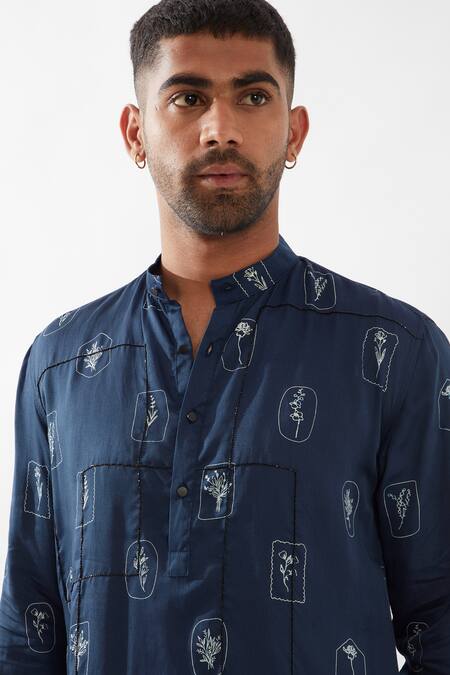 Son Of A Noble Snob Navy Tencel, Satin Embroidery Zeph Stamp Kurta Set at Aza Fashions Son Of A Noble Snob_Navy Tencel, Satin Embroidery Zeph Stamp Kurta Set _at_Aza_Fashions