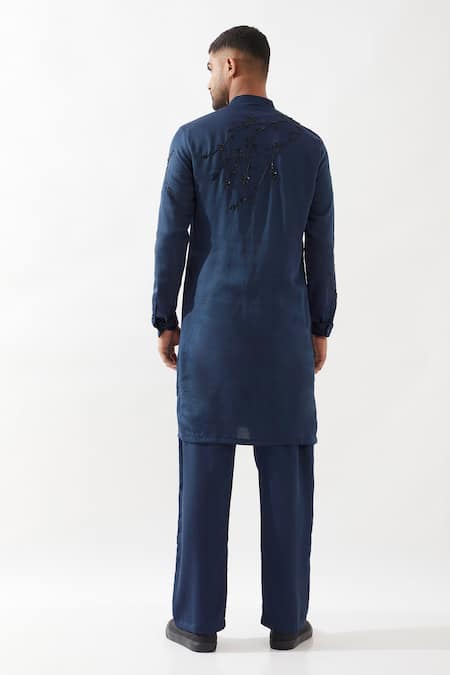 Shop Son Of A Noble Snob Navy Tencel, Satin Sequins, Beads Hand Embroidered Kurta Set at Aza Fashions Shop_Son Of A Noble Snob_Navy Tencel, Satin Sequins, Beads Hand Embroidered Kurta Set _at_Aza_Fashions