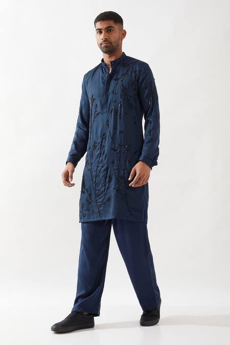 Shop Son Of A Noble Snob Navy Tencel, Satin Sequins, Beads Hand Embroidered Kurta Set Online at Aza Fashions Shop_Son Of A Noble Snob_Navy Tencel, Satin Sequins, Beads Hand Embroidered Kurta Set _Online_at_Aza_Fashions