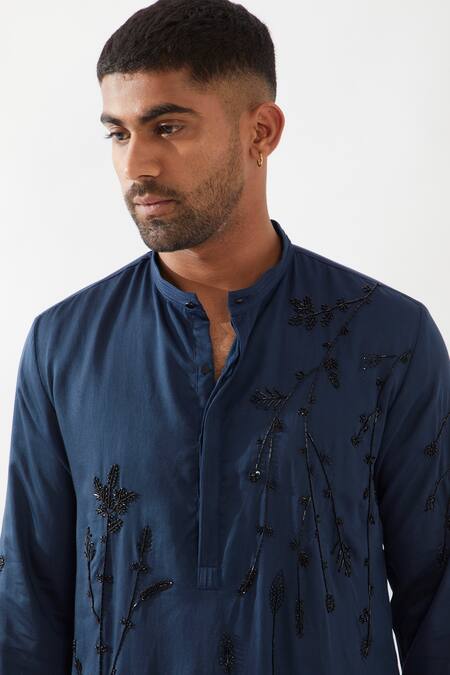 Son Of A Noble Snob Navy Tencel, Satin Sequins, Beads Hand Embroidered Kurta Set at Aza Fashions Son Of A Noble Snob_Navy Tencel, Satin Sequins, Beads Hand Embroidered Kurta Set _at_Aza_Fashions