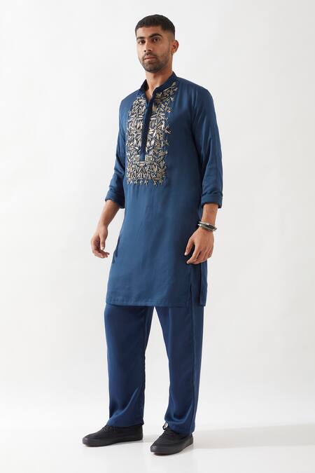 Shop Son Of A Noble Snob Navy Tencel, Satin Cut Work, Embroidery Hand Kurta Set Online at Aza Fashions Shop_Son Of A Noble Snob_Navy Tencel, Satin Cut Work, Embroidery Hand Kurta Set _Online_at_Aza_Fashions