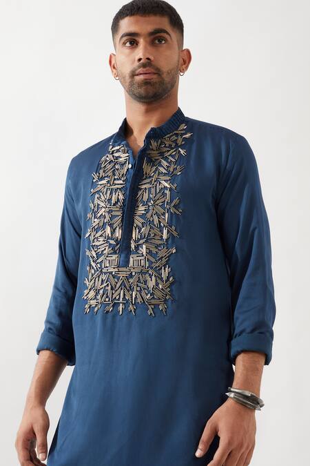 Son Of A Noble Snob Navy Tencel, Satin Cut Work, Embroidery Hand Kurta Set at Aza Fashions Son Of A Noble Snob_Navy Tencel, Satin Cut Work, Embroidery Hand Kurta Set _at_Aza_Fashions