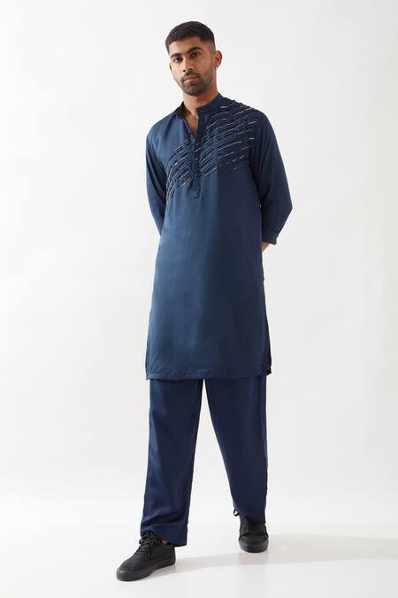 Son Of A Noble Snob_Navy Tencel, Satin Beads, Embroidery Hand Kurta Set _Online_at_Aza_Fashions