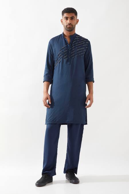 Buy_Son Of A Noble Snob_Navy Tencel, Satin Beads, Embroidery Hand Kurta Set _Online_at_Aza_Fashions