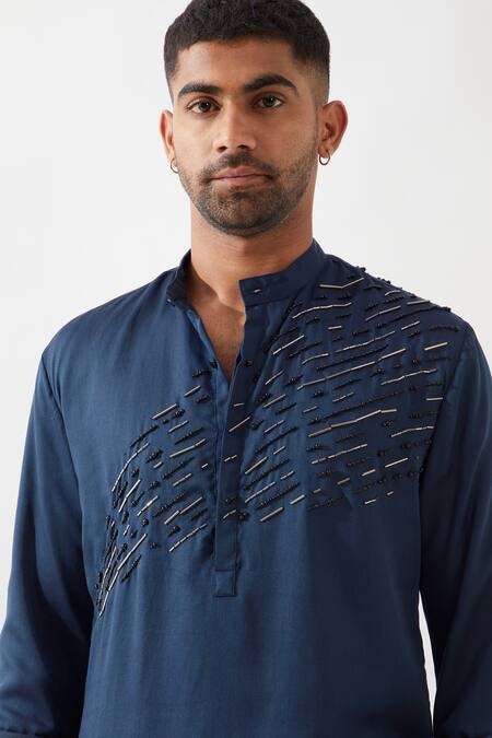 Son Of A Noble Snob_Navy Tencel, Satin Beads, Embroidery Hand Kurta Set _at_Aza_Fashions