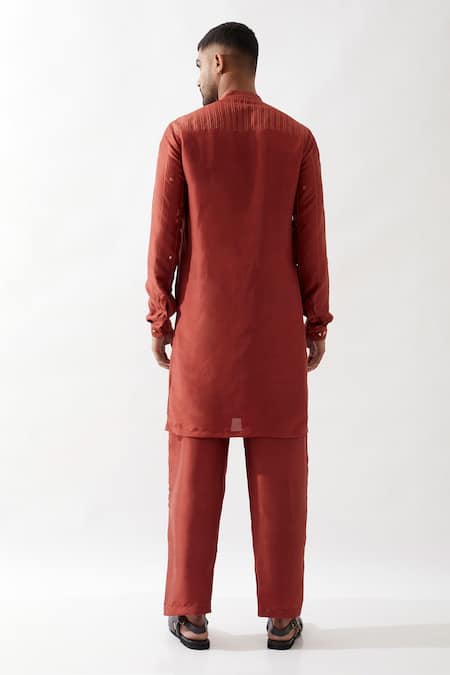 Shop Son Of A Noble Snob Maroon Silk Embroidery Hand Kurta Set at Aza Fashions Shop_Son Of A Noble Snob_Maroon Silk Embroidery Hand Kurta Set _at_Aza_Fashions