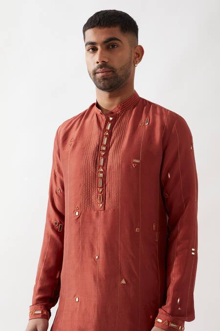 Son Of A Noble Snob Maroon Silk Embroidery Hand Kurta Set at Aza Fashions Son Of A Noble Snob_Maroon Silk Embroidery Hand Kurta Set _at_Aza_Fashions