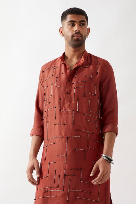 Son Of A Noble Snob Maroon Dupion, Silk Beads, Cut Work Embroidered Kurta Set at Aza Fashions Son Of A Noble Snob_Maroon Dupion, Silk Beads, Cut Work Embroidered Kurta Set _at_Aza_Fashions