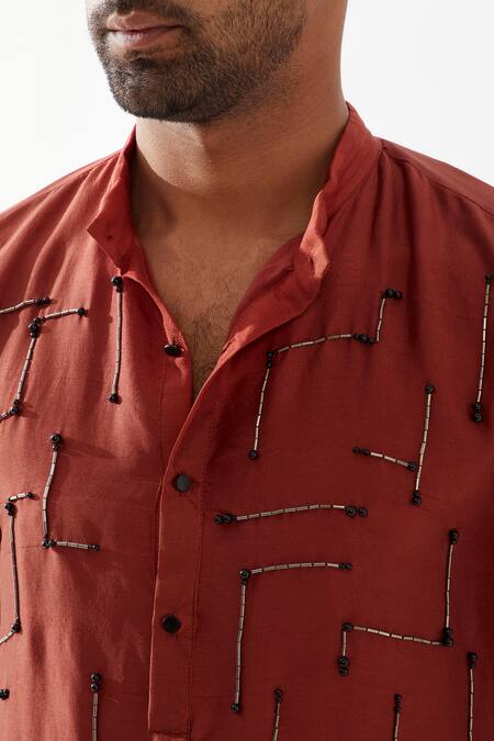 Shop Son Of A Noble Snob Maroon Dupion, Silk Beads, Cut Work Embroidered Kurta Set Shop_Son Of A Noble Snob_Maroon Dupion, Silk Beads, Cut Work Embroidered Kurta Set