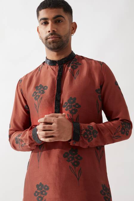 Son Of A Noble Snob Maroon Silk Embroidery Printed Kurta Set at Aza Fashions Son Of A Noble Snob_Maroon Silk Embroidery Printed Kurta Set _at_Aza_Fashions