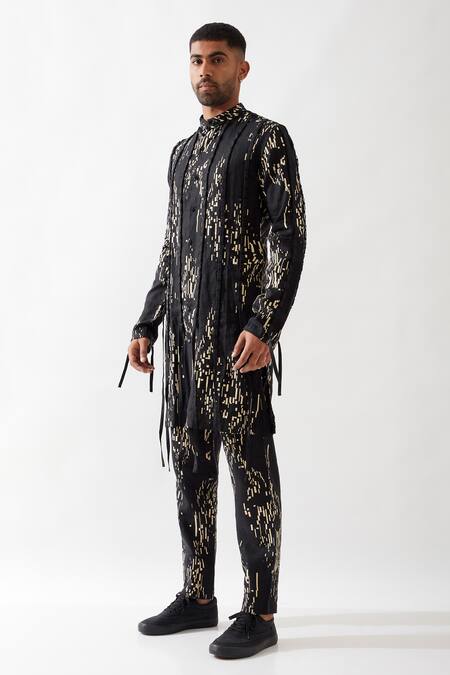Buy_Son Of A Noble Snob_Black Linen Slim Fit Printed Kurta Set _Online_at_Aza_Fashions