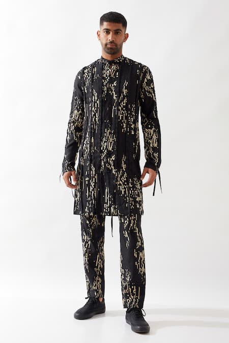 Son of A Noble Snob Black Linen Slim Fit Printed Kurta Set 