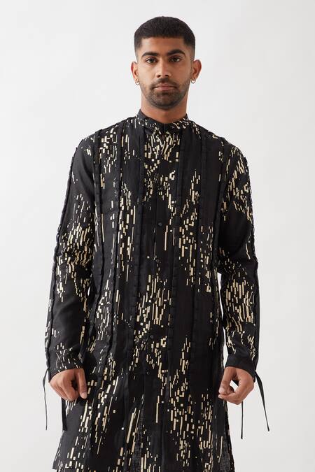 Shop_Son Of A Noble Snob_Black Linen Slim Fit Printed Kurta Set 