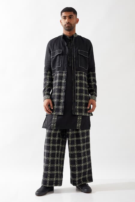 Buy_Son Of A Noble Snob_Black Linen Zane Regal Bundi Set _Online_at_Aza_Fashions