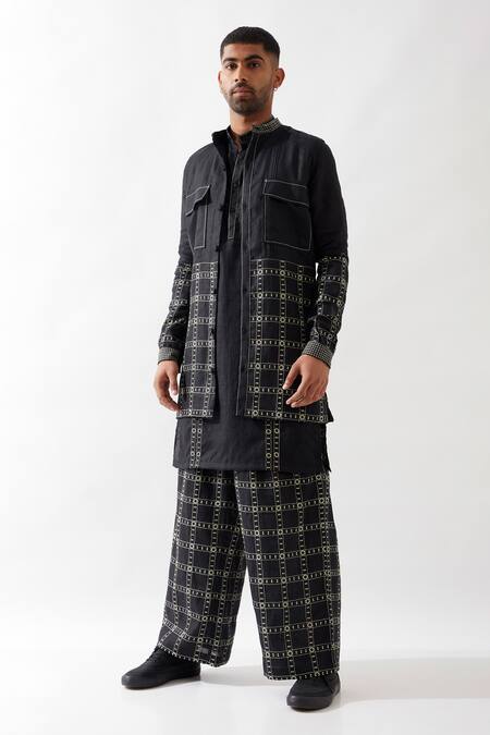 Shop_Son Of A Noble Snob_Black Linen Zane Regal Bundi Set _Online_at_Aza_Fashions