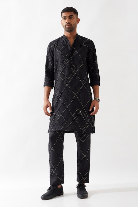 Son of A Noble Snob Black Linen Printed Kurta Set 