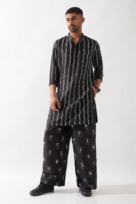 Son of A Noble Snob Black Silk Irvin Vine Kurta Set 