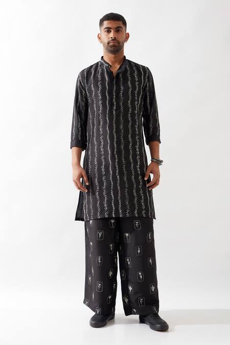 Shop Son Of A Noble Snob Black Silk Irvin Vine Kurta Set Online at Aza Fashions Shop_Son Of A Noble Snob_Black Silk Irvin Vine Kurta Set _Online_at_Aza_Fashions