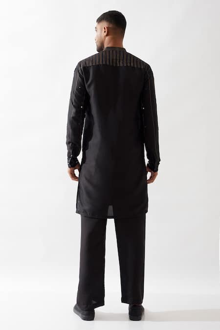 Shop Son Of A Noble Snob Black Silk Glitter Hand Embroidered Kurta Set at Aza Fashions Shop_Son Of A Noble Snob_Black Silk Glitter Hand Embroidered Kurta Set _at_Aza_Fashions