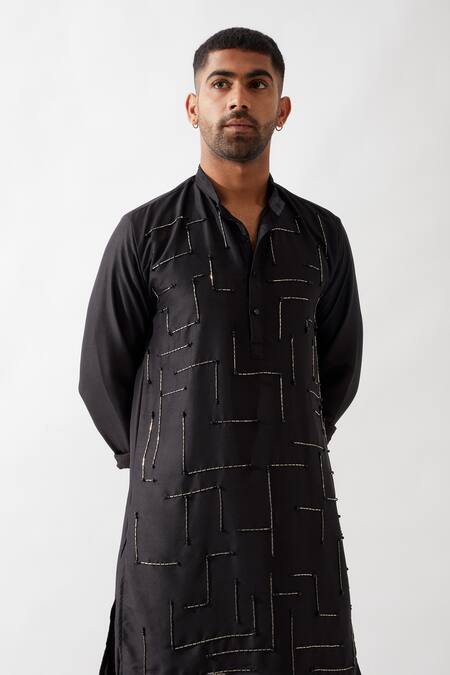 Shop Son Of A Noble Snob Black Silk Cut Work, Beads Hand Embroidered Kurta Set Online at Aza Fashions Shop_Son Of A Noble Snob_Black Silk Cut Work, Beads Hand Embroidered Kurta Set _Online_at_Aza_Fashions