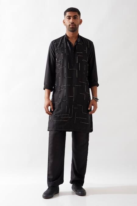 Son Of A Noble Snob Black Silk Cut Work, Beads Hand Embroidered Kurta Set at Aza Fashions Son Of A Noble Snob_Black Silk Cut Work, Beads Hand Embroidered Kurta Set _at_Aza_Fashions