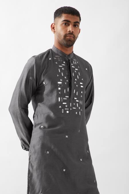 Son Of A Noble Snob Gray Silk, Embroidery, Mirrors Hand Kurta Set Online at Aza Fashions Son Of A Noble Snob_Gray Silk, Embroidery, Mirrors Hand Kurta Set _Online_at_Aza_Fashions