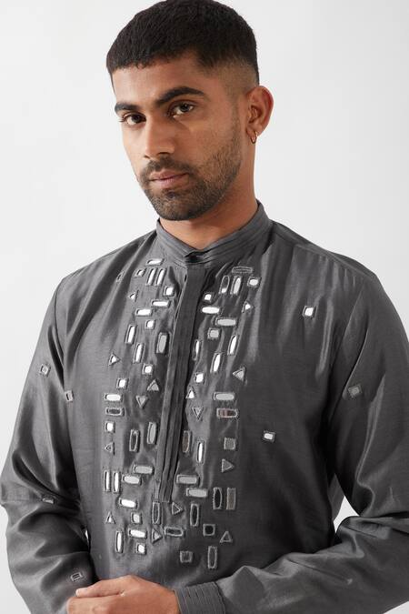 Buy Son Of A Noble Snob Gray Silk, Embroidery, Mirrors Hand Kurta Set Online at Aza Fashions Buy_Son Of A Noble Snob_Gray Silk, Embroidery, Mirrors Hand Kurta Set _Online_at_Aza_Fashions