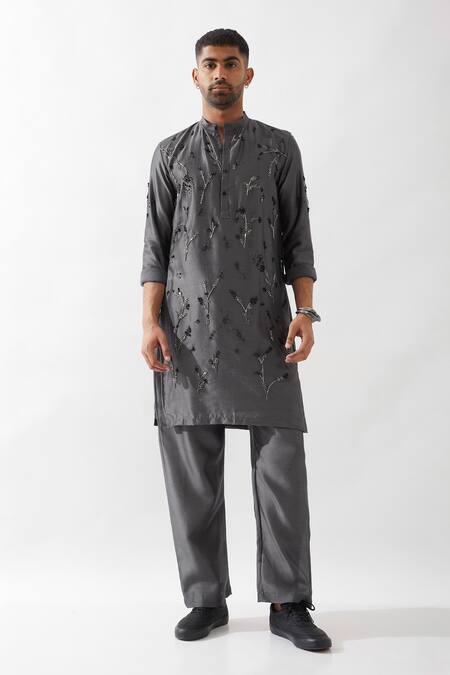 Son of A Noble Snob Gray Chanderi Silk Beads, Cut Work Hand Embroidered Kurta Set 