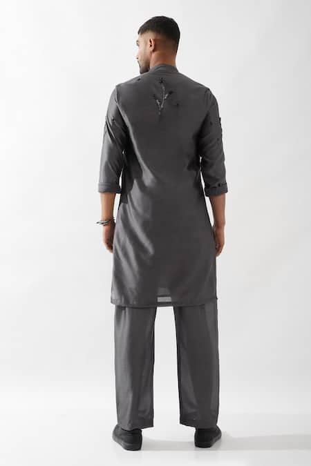 Shop Son Of A Noble Snob Gray Chanderi Silk Beads, Cut Work Hand Embroidered Kurta Set at Aza Fashions Shop_Son Of A Noble Snob_Gray Chanderi Silk Beads, Cut Work Hand Embroidered Kurta Set _at_Aza_Fashions