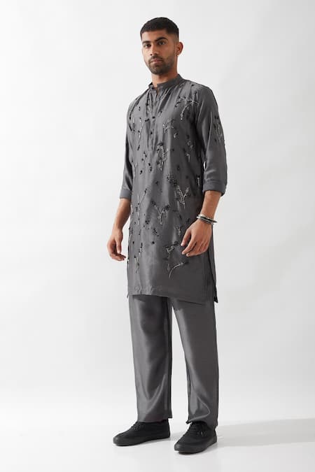 Buy Son Of A Noble Snob Gray Chanderi Silk Beads, Cut Work Hand Embroidered Kurta Set Online at Aza Fashions Buy_Son Of A Noble Snob_Gray Chanderi Silk Beads, Cut Work Hand Embroidered Kurta Set _Online_at_Aza_Fashions
