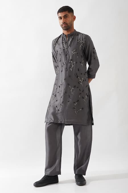 Shop Son Of A Noble Snob Gray Chanderi Silk Beads, Cut Work Hand Embroidered Kurta Set Online at Aza Fashions Shop_Son Of A Noble Snob_Gray Chanderi Silk Beads, Cut Work Hand Embroidered Kurta Set _Online_at_Aza_Fashions