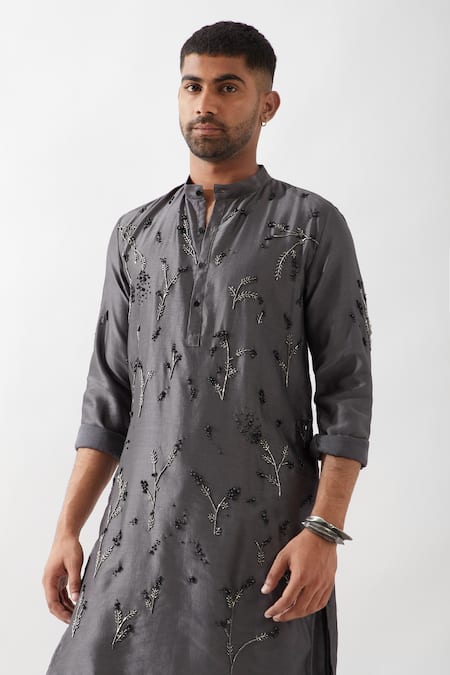 Son Of A Noble Snob Gray Chanderi Silk Beads, Cut Work Hand Embroidered Kurta Set at Aza Fashions Son Of A Noble Snob_Gray Chanderi Silk Beads, Cut Work Hand Embroidered Kurta Set _at_Aza_Fashions