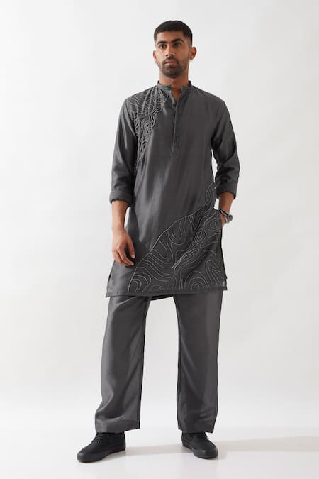 Son of A Noble Snob Gray Chanderi Silk Beads, Embroidery Hand Kurta Set 
