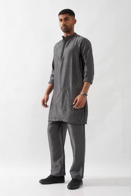 Son Of A Noble Snob_Gray Chanderi Silk Beads, Embroidery Hand Kurta Set _Online_at_Aza_Fashions