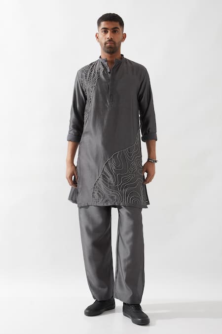 Buy_Son Of A Noble Snob_Gray Chanderi Silk Beads, Embroidery Hand Kurta Set _Online_at_Aza_Fashions