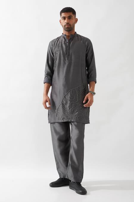 Shop_Son Of A Noble Snob_Gray Chanderi Silk Beads, Embroidery Hand Kurta Set _Online_at_Aza_Fashions