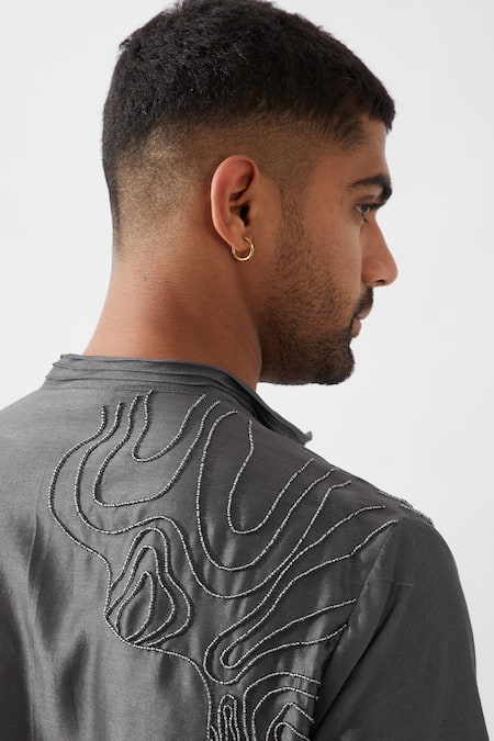 Buy_Son Of A Noble Snob_Gray Chanderi Silk Beads, Embroidery Hand Kurta Set 