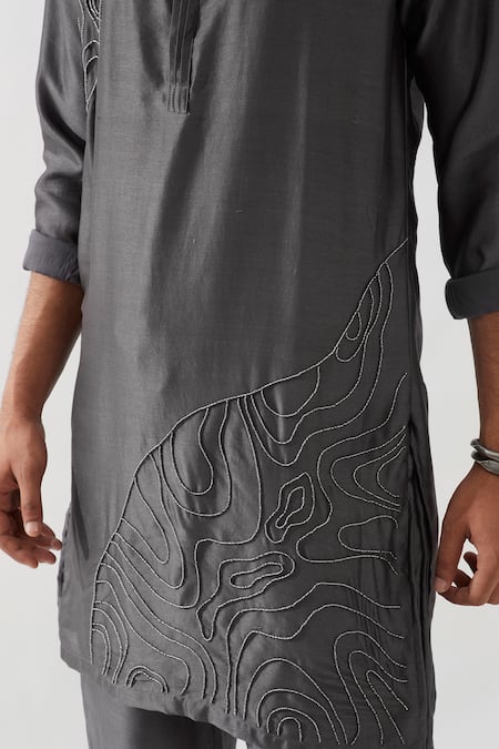 Shop_Son Of A Noble Snob_Gray Chanderi Silk Beads, Embroidery Hand Kurta Set 