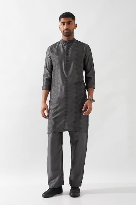 Son of A Noble Snob Gray Chanderi Silk Printed Kurta Set 