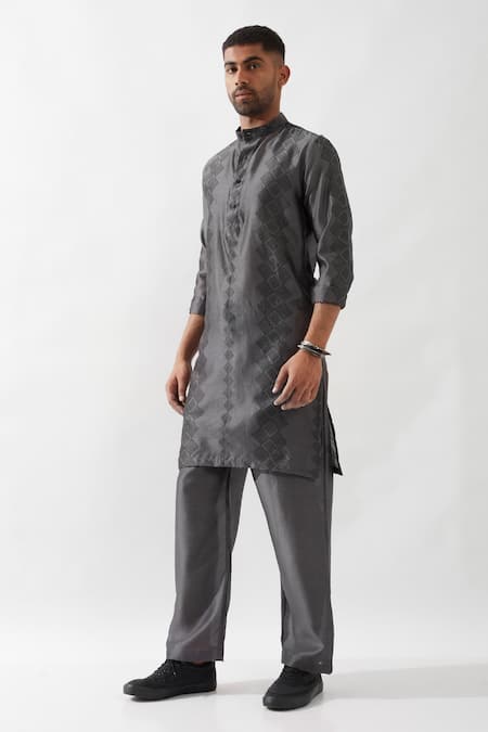 Buy Son Of A Noble Snob Gray Chanderi Silk Printed Kurta Set Online at Aza Fashions Buy_Son Of A Noble Snob_Gray Chanderi Silk Printed Kurta Set _Online_at_Aza_Fashions