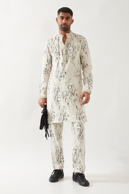 Son of A Noble Snob Ivory Linen Printed Slim Fit Kurta Set 