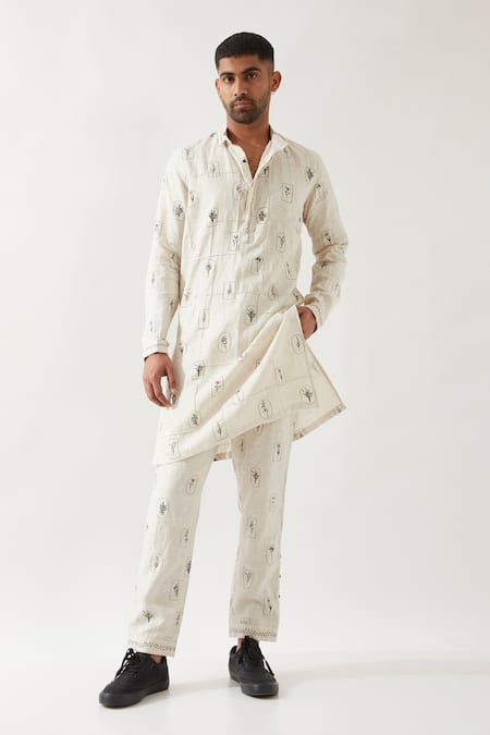 Son of A Noble Snob Ivory Linen Slate Stamp Kurta Set 