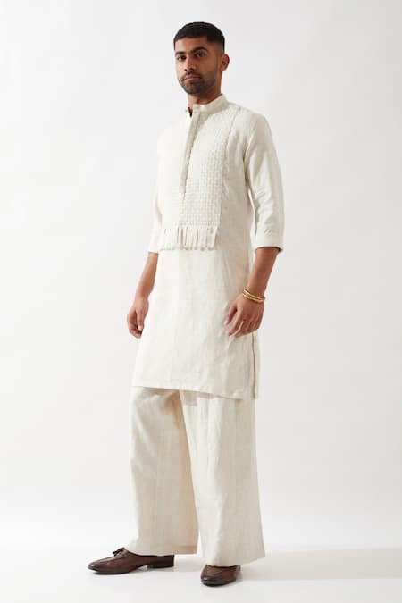 Son of A Noble Snob Ivory Linen Basket Weave Kurta Set 