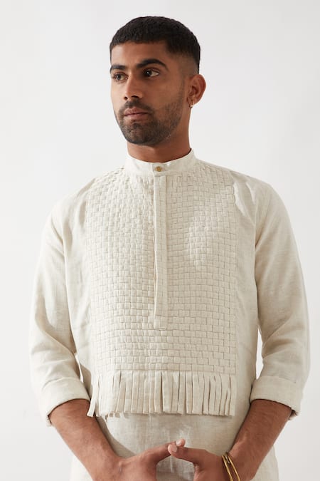 Shop Son Of A Noble Snob Ivory Linen Fringe Basket Weave Kurta Set Shop_Son Of A Noble Snob_Ivory Linen Fringe Basket Weave Kurta Set