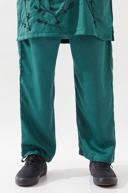 Shop_Son Of A Noble Snob_Emerald Green Tencel, Satin Cut Work, Sequins Hand Embroidered Kurta Set _Online_at_Aza_Fashions