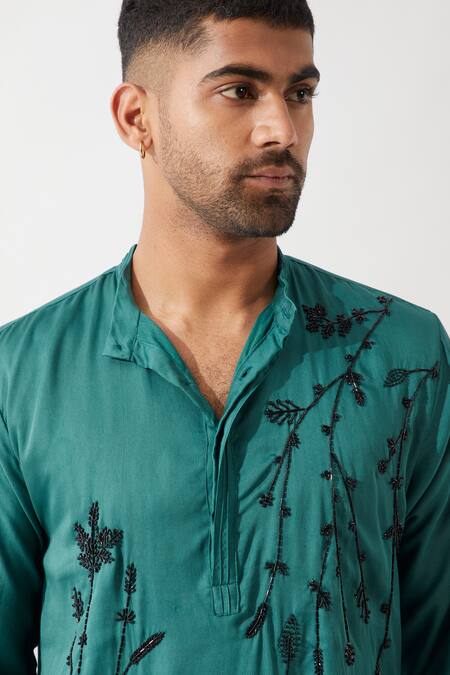 Shop_Son Of A Noble Snob_Emerald Green Tencel, Satin Cut Work, Sequins Hand Embroidered Kurta Set 